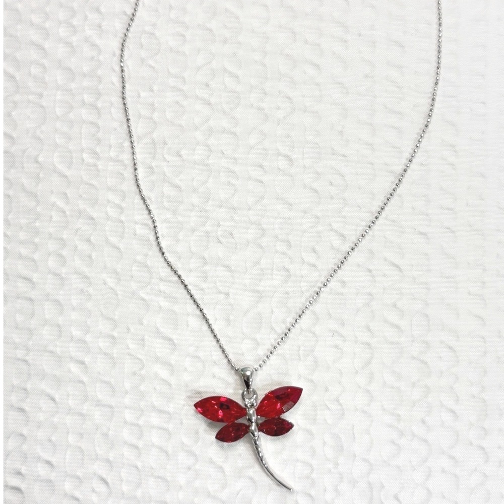 Red Dragonfly Necklace Silver Tone Ball Chain Lobster Claw Jewelry